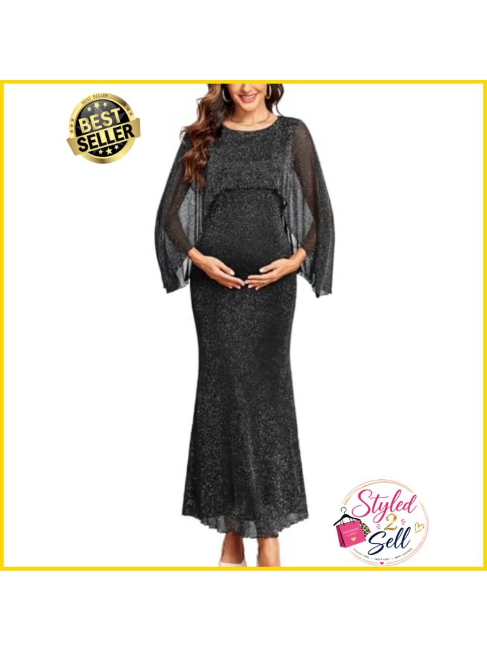 Maternity Sparkly Cape Mesh Maxi Mermaid Bodycon Dress Baby Shower Formal